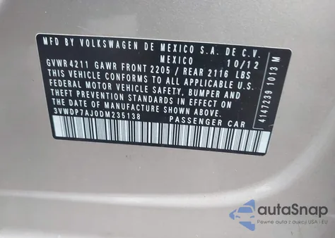 2013 Volkswagen Jetta Se from USA, damaged, VIN 3VWDP7AJ0DM235138
